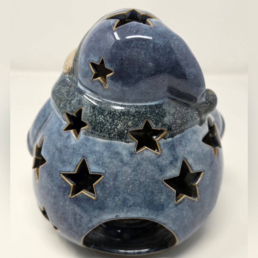 Ceramic Blue Holiday Snowman Tea Light Candle Holder with Star Cut Outs - Picture 3 of 5